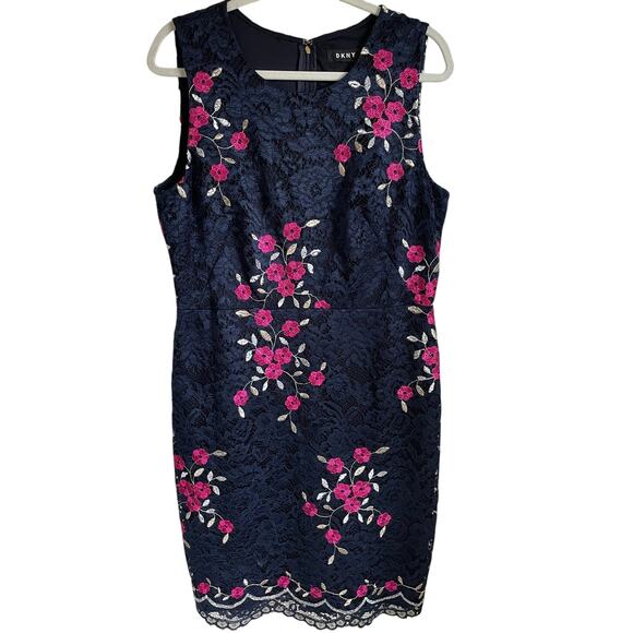 DKNY Dress Floral Lace Overlay Blue Lined Sheath Size 12/L Cocktail Feminine - Picture 1 of 8